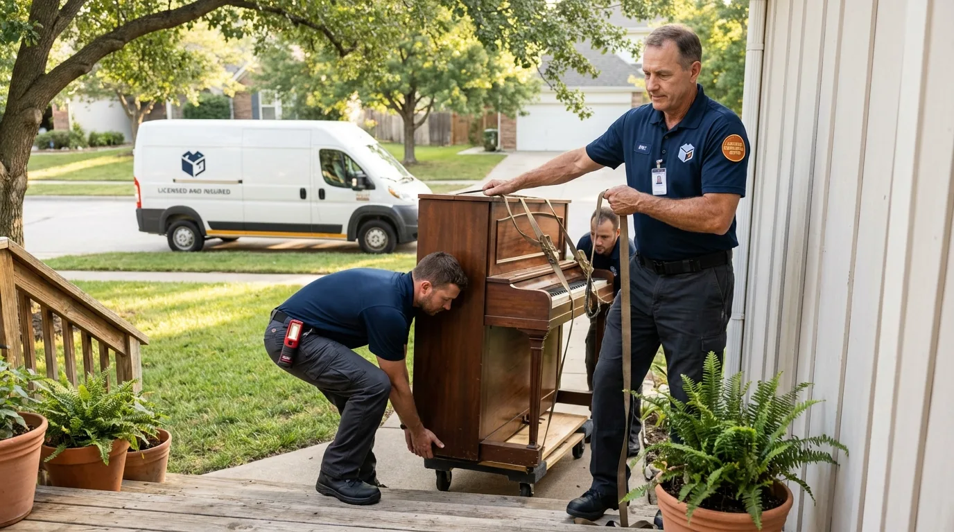 Licensed piano movers securing grand piano in Batesville, TX