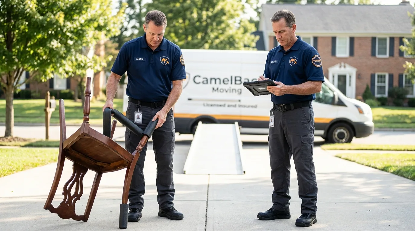 Movers inspecting furniture for damage prevention before loading in Batesville, TX