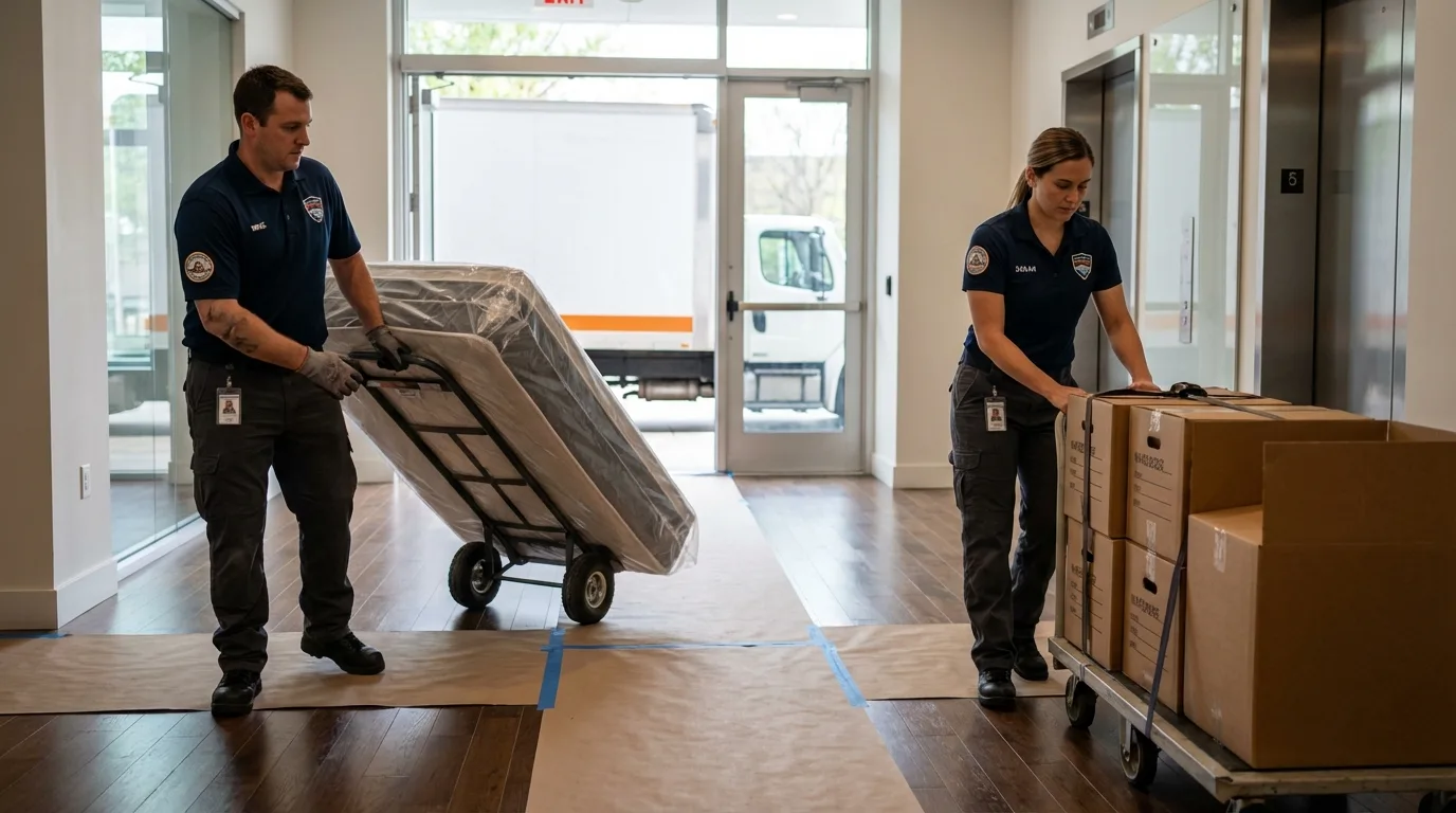 Professional apartment movers loading elevator in Batesville, TX